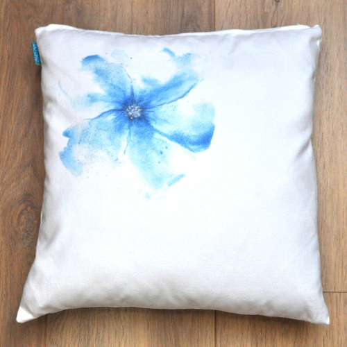 Handmade velvet pillow crafted from eco-velvet. Featuring a positioned blue watercolor flower design, this sustainable decorative pillow elevates any interior.