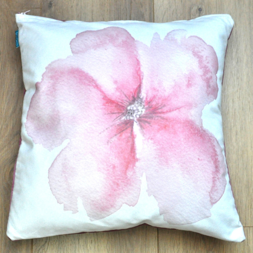 Eco-velvet pillow with bold hand-painted watercolor flower in pink. This handmade decorative pillow is soft, durable, and perfect for modern interiors