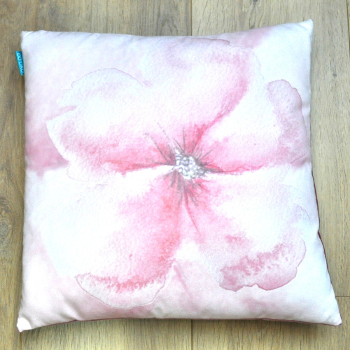 Sustainable decorative pillow in eco-velvet. Handmade with care, this velvet pillow features a bold pink watercolor flower on a pink background for timeless style