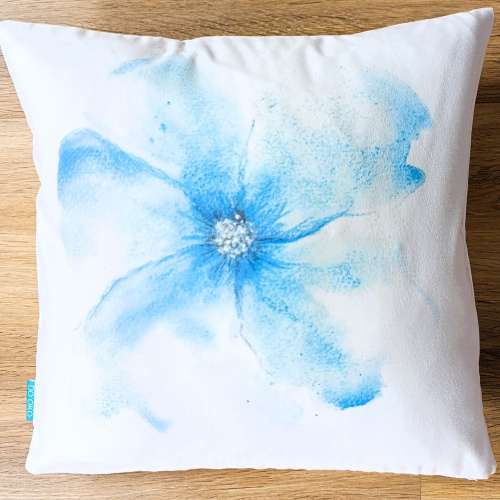 Handmade velvet cushion with striking blue watercolor flower. Eco-velvet softness and sustainable home décor in one unique decorative pillow.