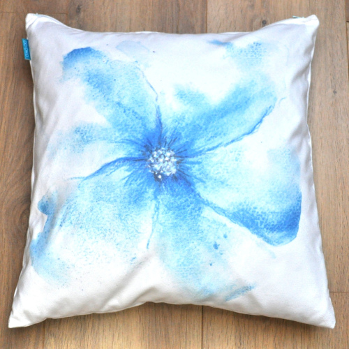 Luxurious handmade velvet pillow with blue large watercolor flower. Sustainable eco-velvet, soft and stylish: the perfect eye-catcher for any interior