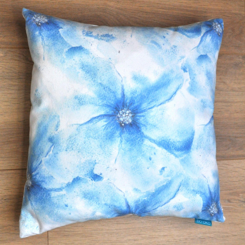 Add art to your home with this handmade pillow. An allover blue watercolor flower on soft eco-velvet — the ideal decorative pillow.